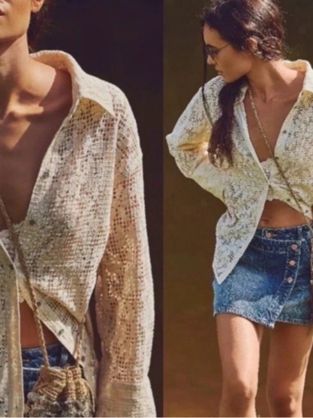 Free People Crochet Lace Button-Front Women's Shirt - Cream XL